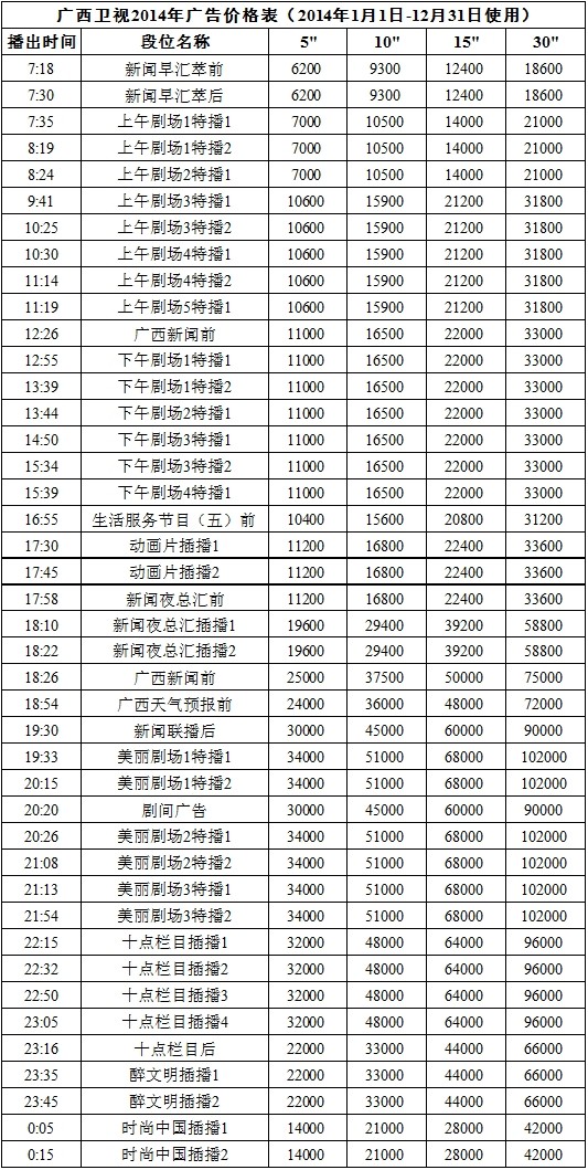 广西卫视节目表及广告价格